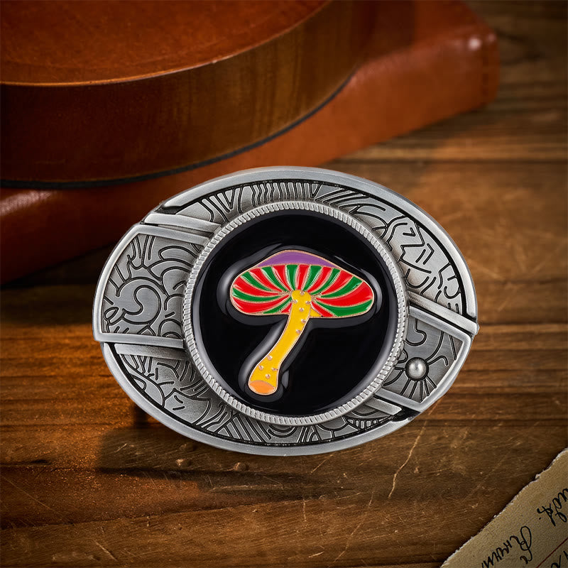 Ceinture en cuir avec boucle de couteau pliant dissimulant un champignon psychédélique arc-en-ciel - Champignon arc-en-ciel - Sans ceinture - Ceinture non incluse - image 0