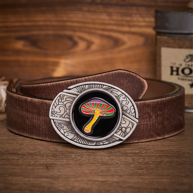 Ceinture en cuir avec boucle de couteau pliant dissimulant un champignon psychédélique arc-en-ciel - Champignon arc-en-ciel - Ceinture marron vieillie - 42 - image 5