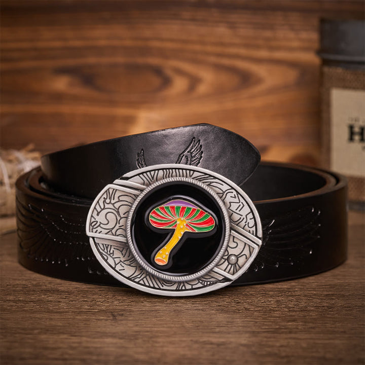 Ceinture en cuir avec boucle de couteau pliant dissimulant un champignon psychédélique arc-en-ciel - Champignon arc-en-ciel - Ceinture noire à motif aigle en relief - 42 - image 2