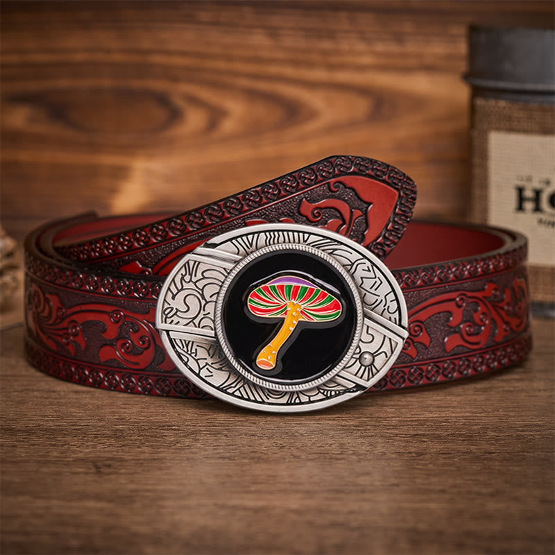 Ceinture en cuir avec boucle de couteau pliant dissimulant un champignon psychédélique arc-en-ciel - Champignon arc-en-ciel - Ceinture sculptée marron - 42 - image 6