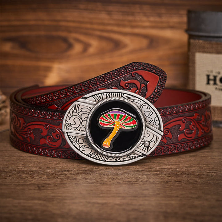 Ceinture en cuir avec boucle de couteau pliant dissimulant un champignon psychédélique arc-en-ciel - Champignon arc-en-ciel - Ceinture sculptée marron - 42 - image 6