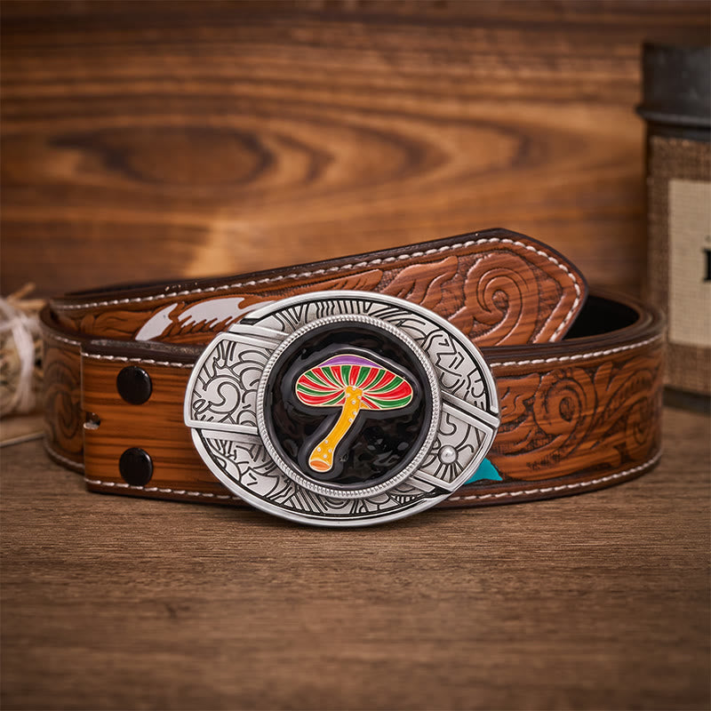 Ceinture en cuir avec boucle de couteau pliant dissimulant un champignon psychédélique arc-en-ciel - Champignon arc-en-ciel - Ceinture de plumes brunes - 40 - image 7