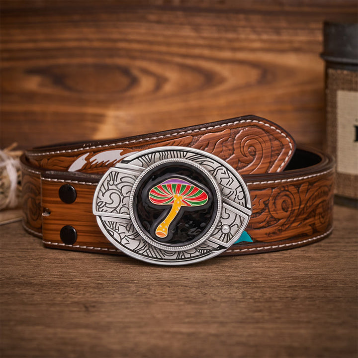 Ceinture en cuir avec boucle de couteau pliant dissimulant un champignon psychédélique arc-en-ciel - Champignon arc-en-ciel - Ceinture de plumes brunes - 40 - image 7