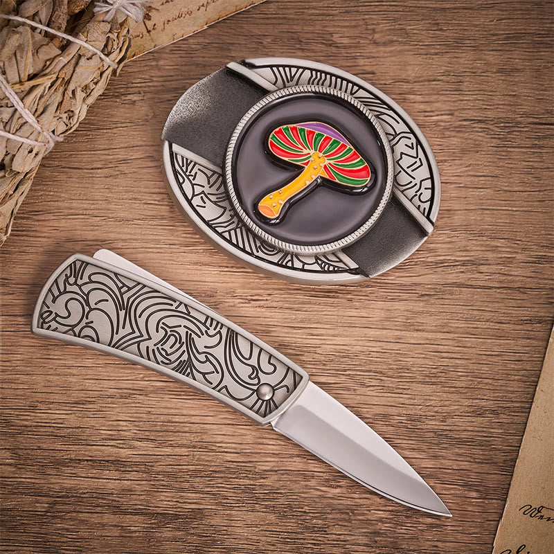 Ceinture en cuir avec boucle de couteau pliant dissimulant un champignon psychédélique arc-en-ciel - image 1