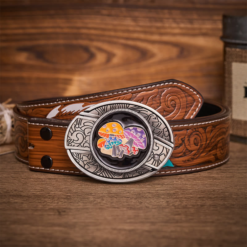 Ceinture en cuir avec boucle de couteau pliant dissimulée en émail coloré et champignons magiques - Champignons magiques - Ceinture de plumes brunes - 40 - image 7