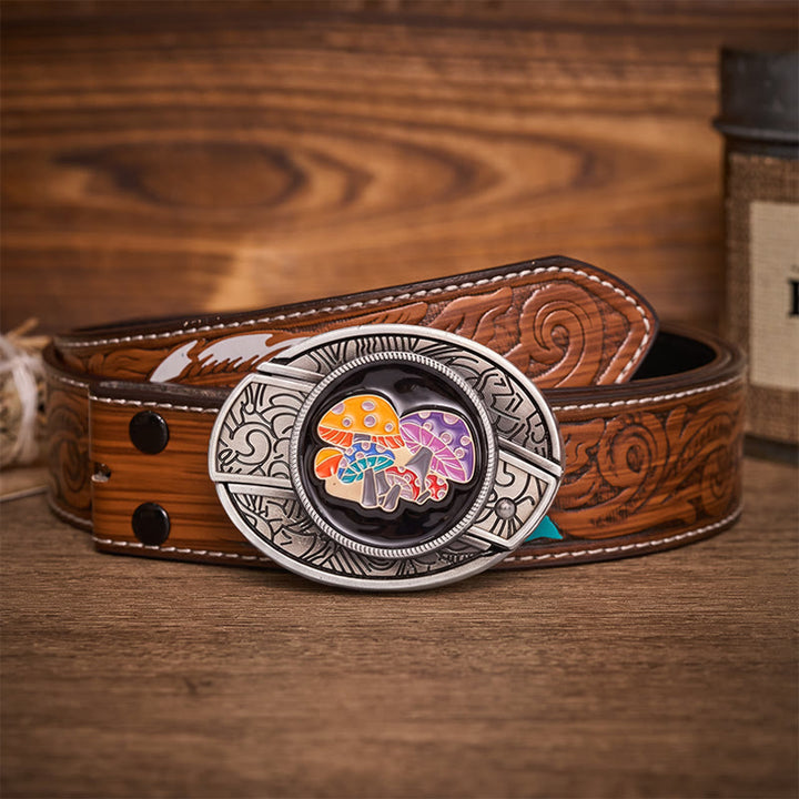Ceinture en cuir avec boucle de couteau pliant dissimulée en émail coloré et champignons magiques - Champignons magiques - Ceinture de plumes brunes - 40 - image 7