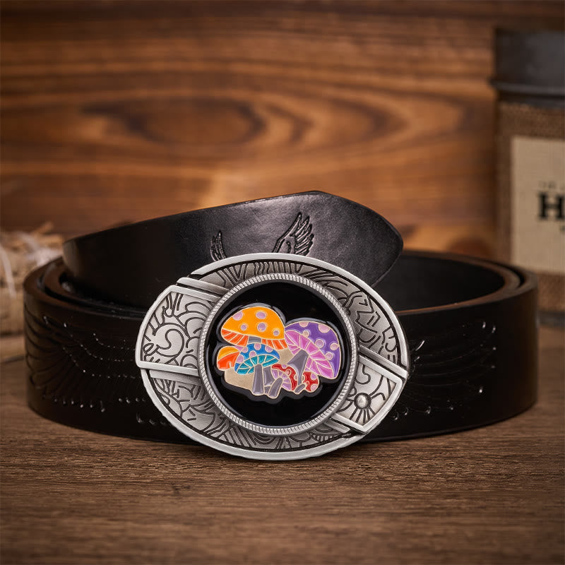 Ceinture en cuir avec boucle de couteau pliant dissimulée en émail coloré et champignons magiques - Champignons magiques - Ceinture noire à motif aigle en relief - 42 - image 2