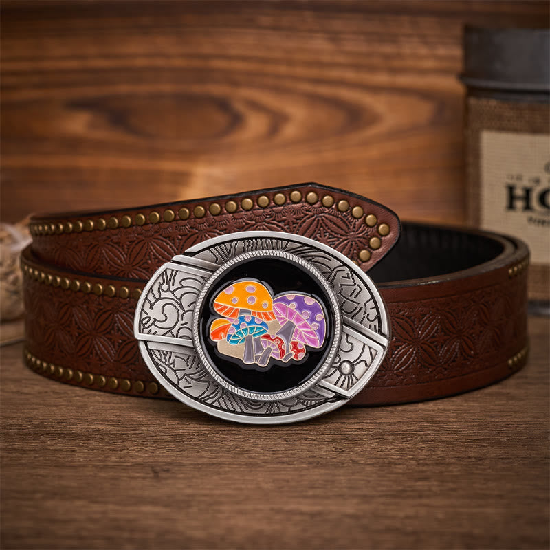 Ceinture en cuir avec boucle de couteau pliant dissimulée en émail coloré et champignons magiques - Champignons magiques - Ceinture à rivets marron - 42 - image 4