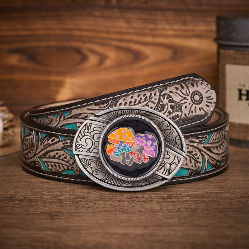 Ceinture en cuir avec boucle de couteau pliant dissimulée en émail coloré et champignons magiques - Champignons magiques - Ceinture à fleurs grises - 42 - image 8