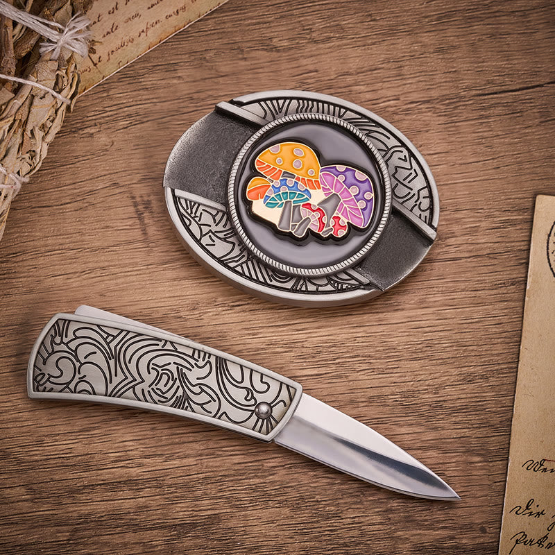 Ceinture en cuir avec boucle de couteau pliant dissimulée en émail coloré et champignons magiques - image 1