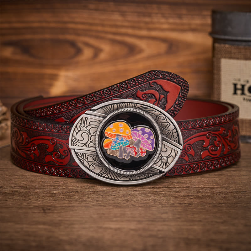 Ceinture en cuir avec boucle de couteau pliant dissimulée en émail coloré et champignons magiques - Champignons magiques - Ceinture sculptée marron - 42 - image 6