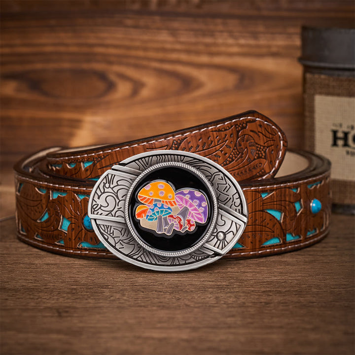 Ceinture en cuir avec boucle de couteau pliant dissimulée en émail coloré et champignons magiques - Champignons magiques - Ceinture turquoise sculptée - 42 - image 3