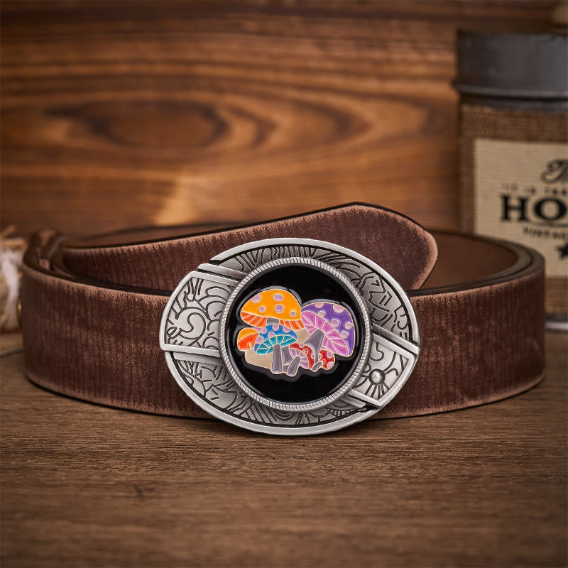 Ceinture en cuir avec boucle de couteau pliant dissimulée en émail coloré et champignons magiques - Champignons magiques - Ceinture marron vieillie - 42 - image 5