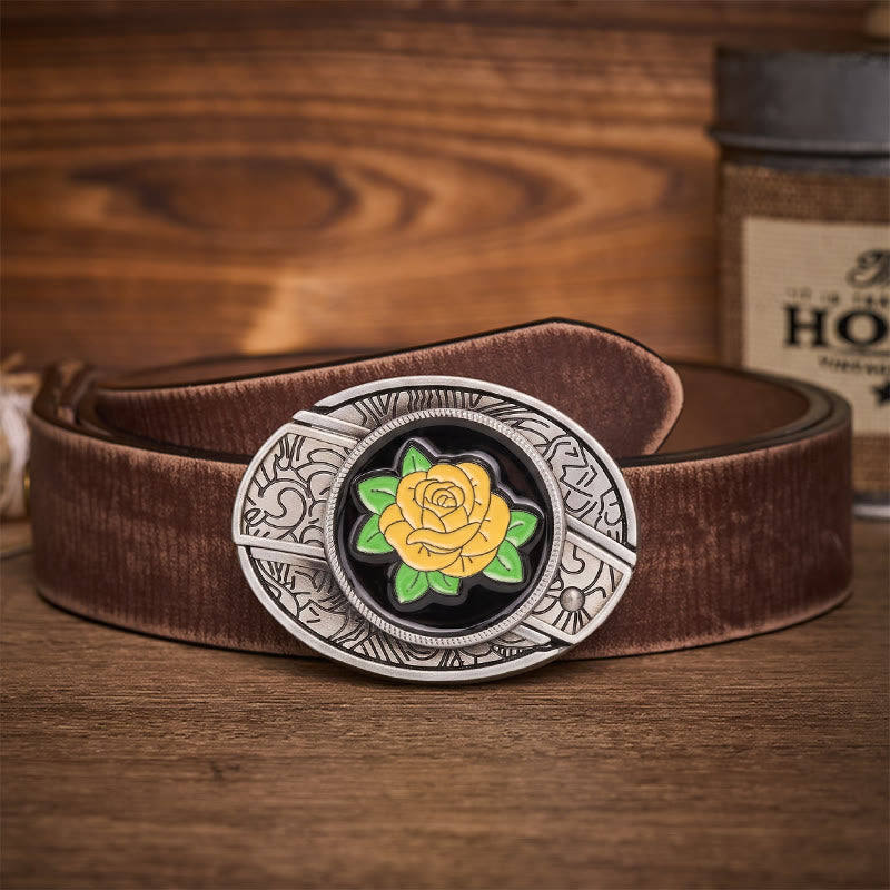 Ceinture en cuir avec boucle de couteau pliant dissimulé style western rose jaune de l'amitié - Rose jaune - Ceinture marron vieillie - 42 - image 5