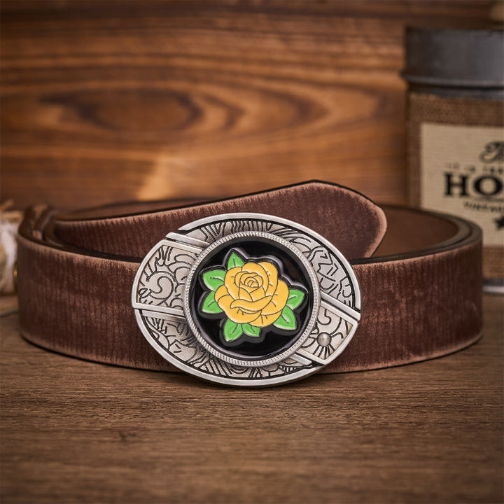 Ceinture en cuir avec boucle de couteau pliant dissimulé style western rose jaune de l'amitié - Rose jaune - Ceinture marron vieillie - 42 - image 5