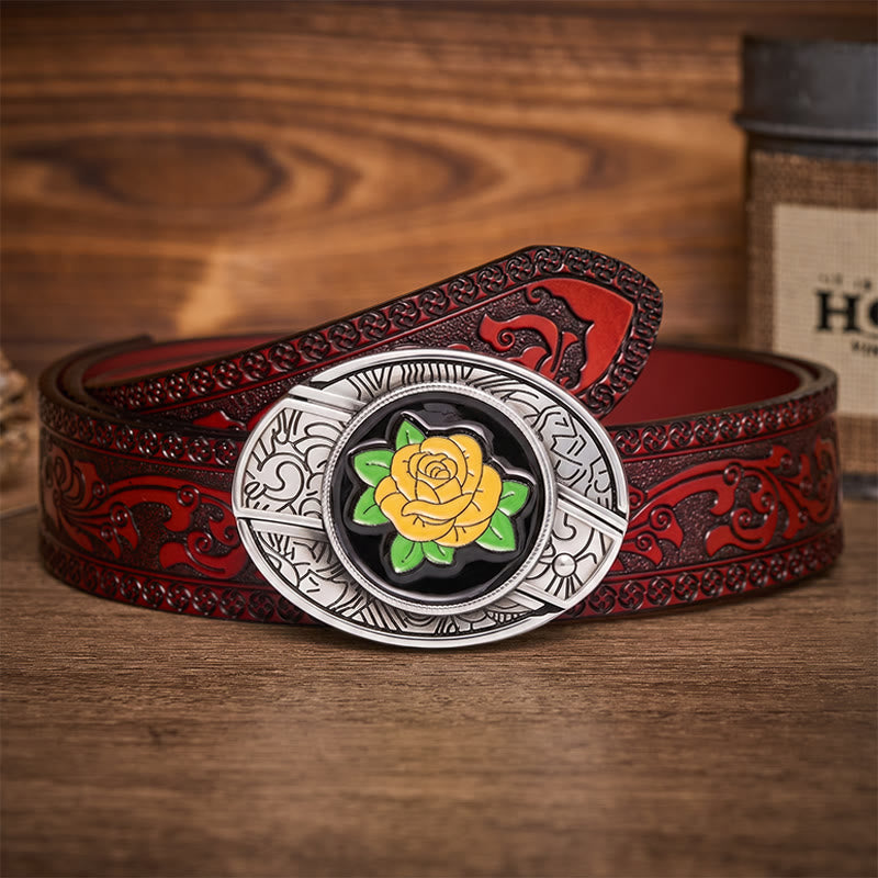 Ceinture en cuir avec boucle de couteau pliant dissimulé style western rose jaune de l'amitié - Rose jaune - Ceinture sculptée marron - 42 - image 6
