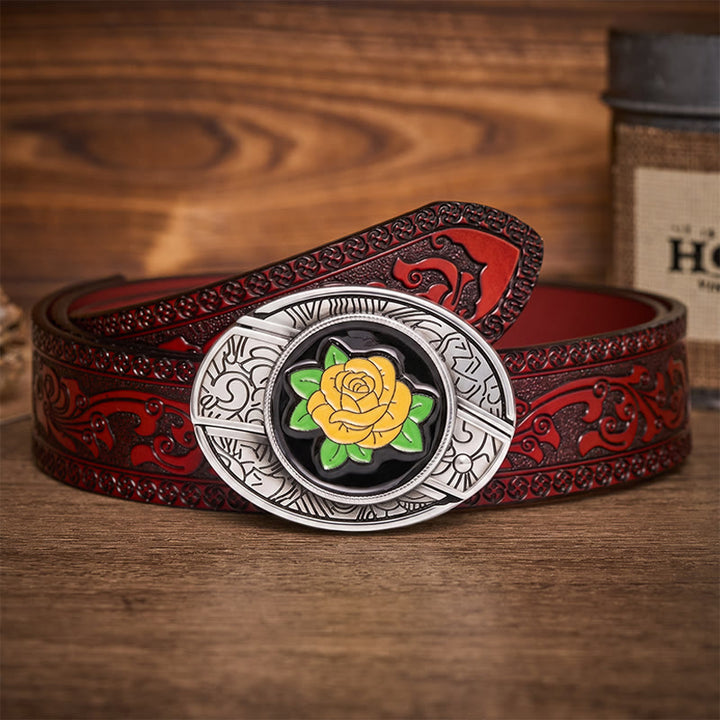 Ceinture en cuir avec boucle de couteau pliant dissimulé style western rose jaune de l'amitié - Rose jaune - Ceinture sculptée marron - 42 - image 6