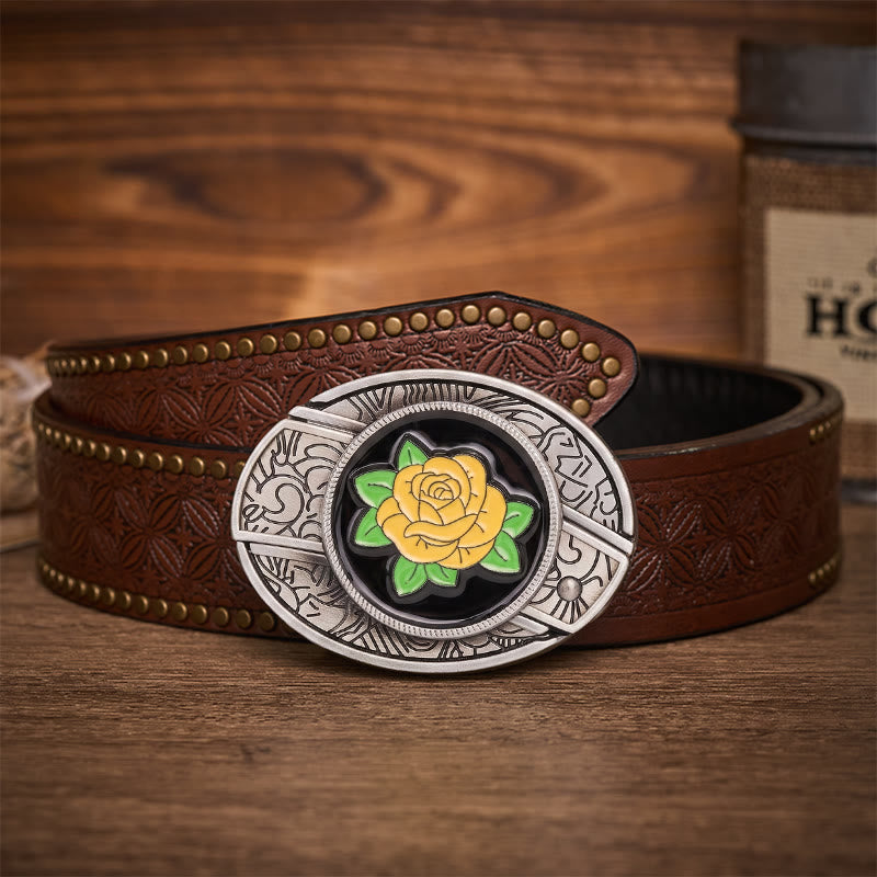 Ceinture en cuir avec boucle de couteau pliant dissimulé style western rose jaune de l'amitié - Rose jaune - Ceinture à rivets marron - 42 - image 4