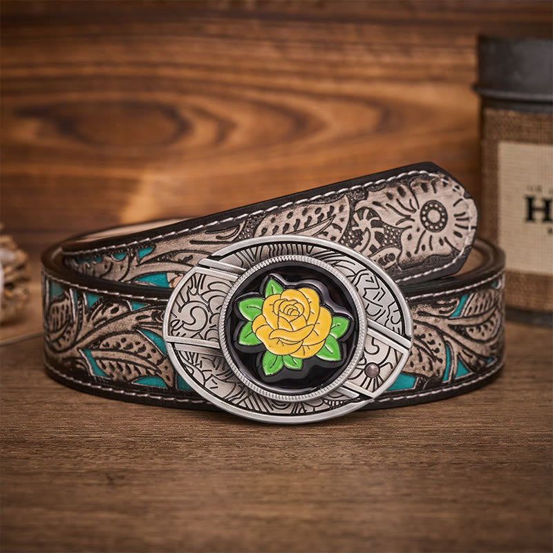 Ceinture en cuir avec boucle de couteau pliant dissimulé style western rose jaune de l'amitié - Rose jaune - Ceinture à fleurs grises - 42 - image 8