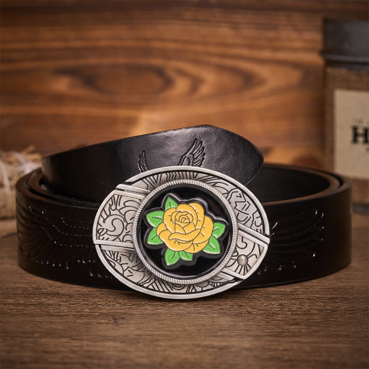 Ceinture en cuir avec boucle de couteau pliant dissimulé style western rose jaune de l'amitié - Rose jaune - Ceinture noire à motif aigle en relief - 42 - image 2