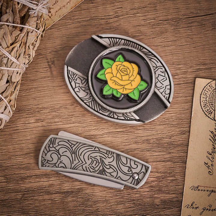 Ceinture en cuir avec boucle de couteau pliant dissimulé style western rose jaune de l'amitié - image 9