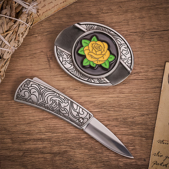 Ceinture en cuir avec boucle de couteau pliant dissimulé style western rose jaune de l'amitié - image 1