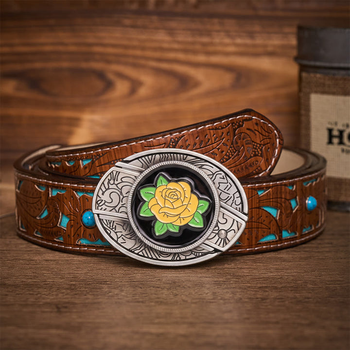 Ceinture en cuir avec boucle de couteau pliant dissimulé style western rose jaune de l'amitié - Rose jaune - Ceinture turquoise sculptée - 42 - image 3
