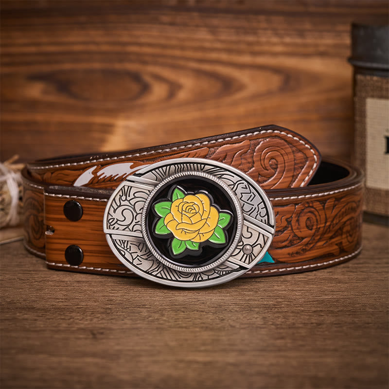 Ceinture en cuir avec boucle de couteau pliant dissimulé style western rose jaune de l'amitié - Rose jaune - Ceinture de plumes brunes - 40 - image 7