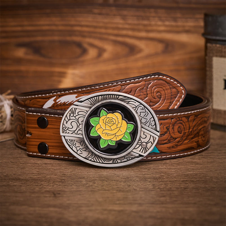 Ceinture en cuir avec boucle de couteau pliant dissimulé style western rose jaune de l'amitié - Rose jaune - Ceinture de plumes brunes - 40 - image 7