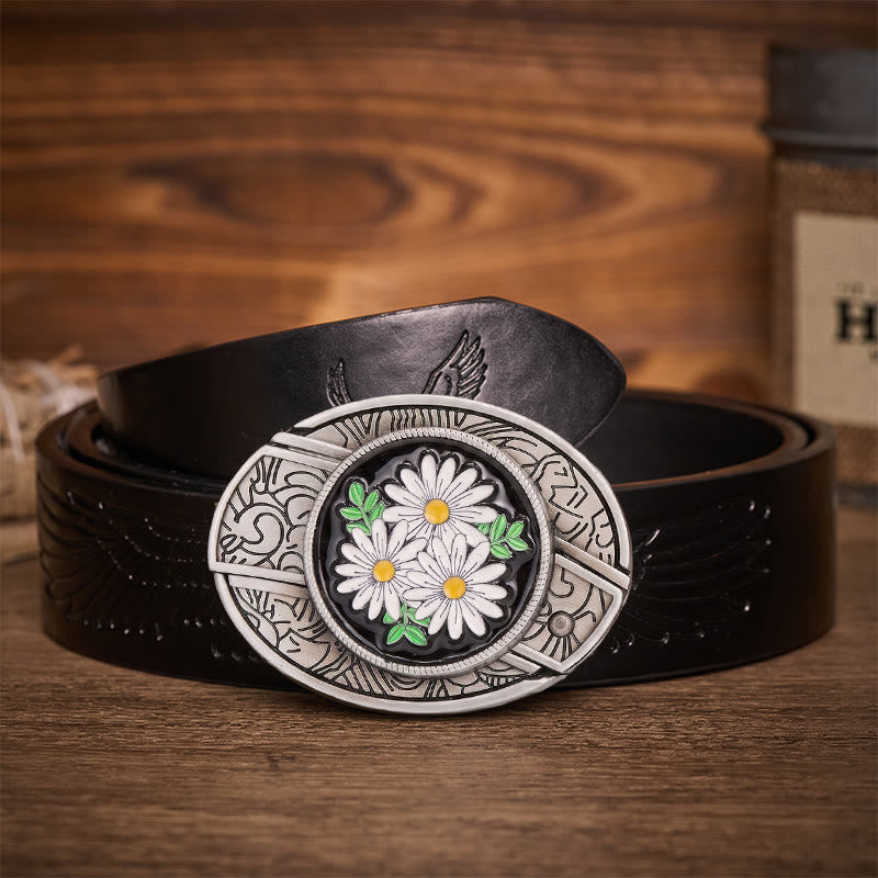 Ceinture en cuir avec boucle de couteau pliant dissimulé White Daisy Daydream - Marguerite blanche - Ceinture noire à motif aigle en relief - 42 - image 2