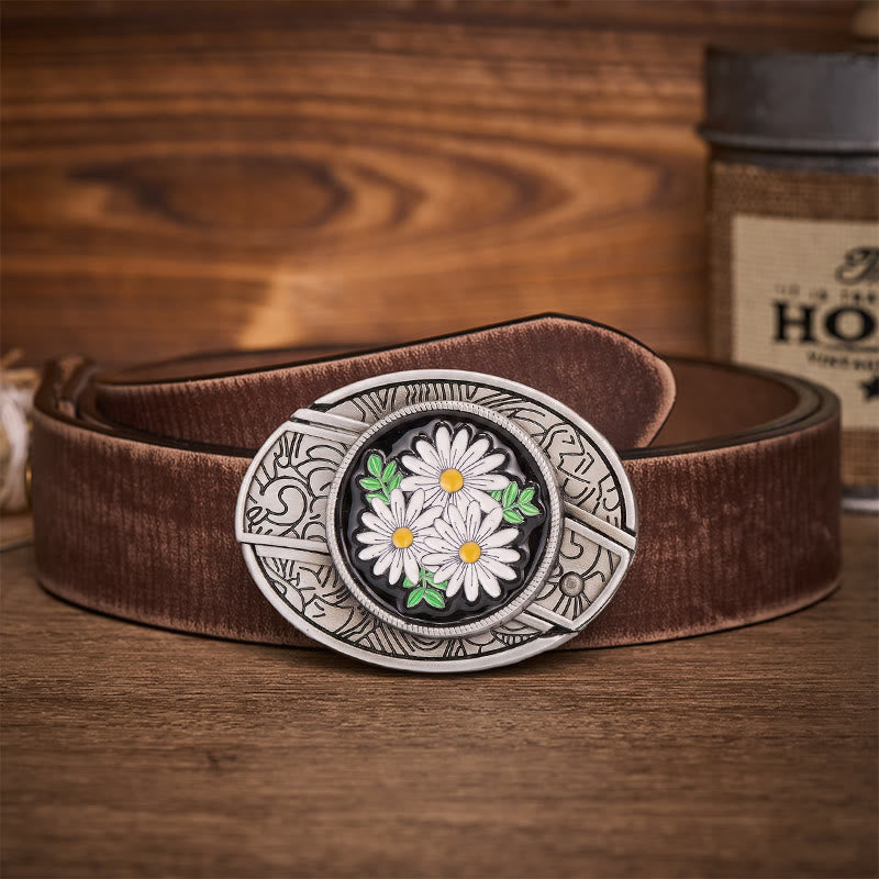 Ceinture en cuir avec boucle de couteau pliant dissimulé White Daisy Daydream - Marguerite blanche - Ceinture marron vieillie - 42 - image 5