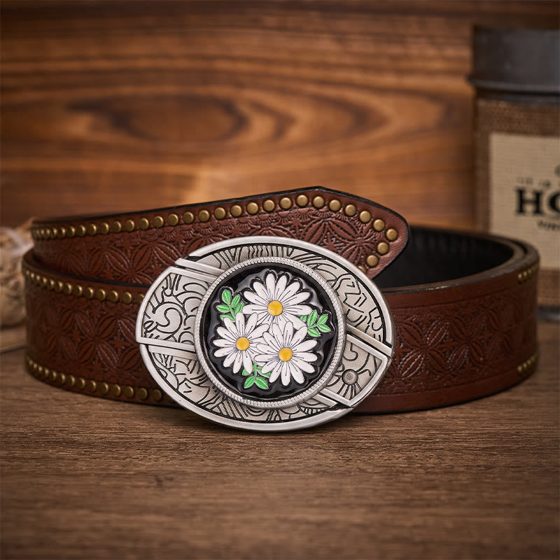 Ceinture en cuir avec boucle de couteau pliant dissimulé White Daisy Daydream - Marguerite blanche - Ceinture à rivets marron - 42 - image 4