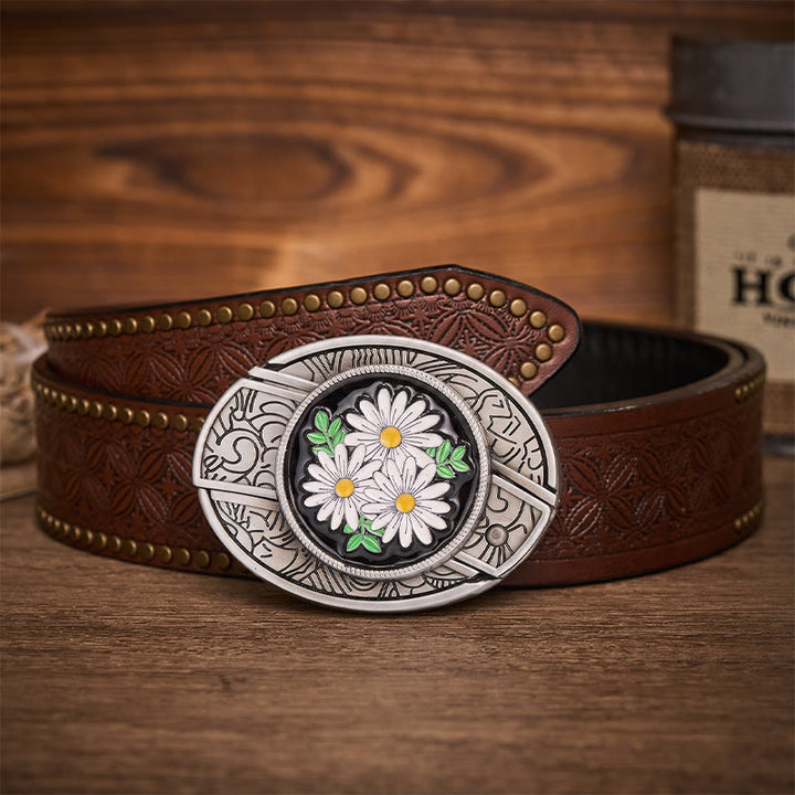 Ceinture en cuir avec boucle de couteau pliant dissimulé White Daisy Daydream - Marguerite blanche - Ceinture à rivets marron - 42 - image 4