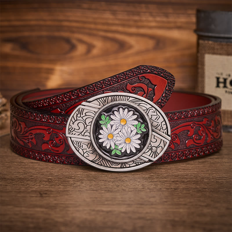 Ceinture en cuir avec boucle de couteau pliant dissimulé White Daisy Daydream - Marguerite blanche - Ceinture sculptée marron - 42 - image 6