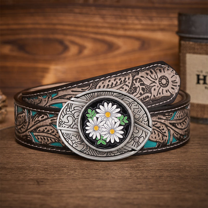 Ceinture en cuir avec boucle de couteau pliant dissimulé White Daisy Daydream - Marguerite blanche - Ceinture à fleurs grises - 42 - image 8