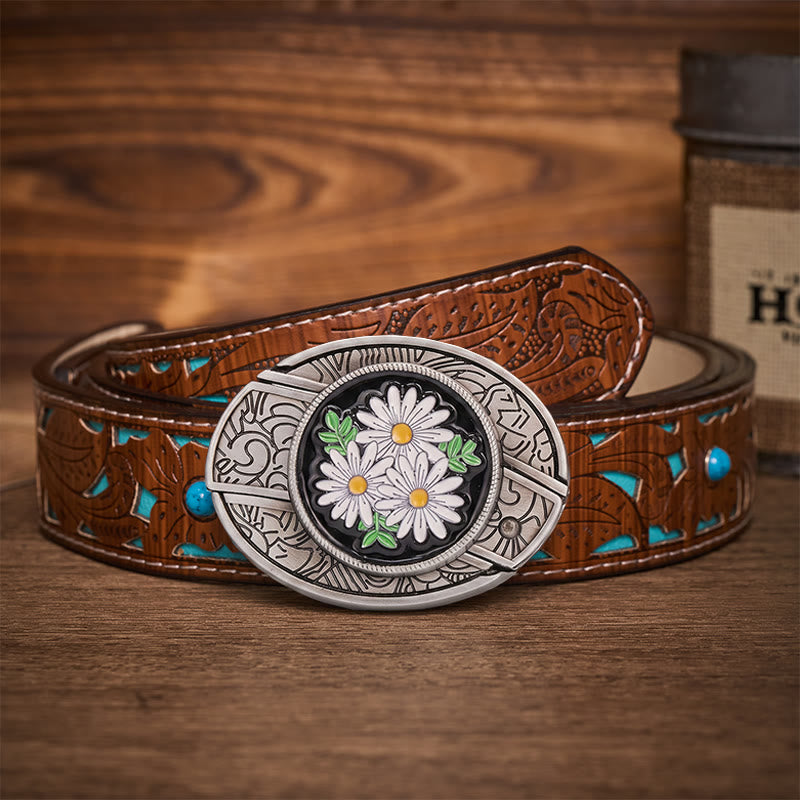 Ceinture en cuir avec boucle de couteau pliant dissimulé White Daisy Daydream - Marguerite blanche - Ceinture turquoise sculptée - 42 - image 3