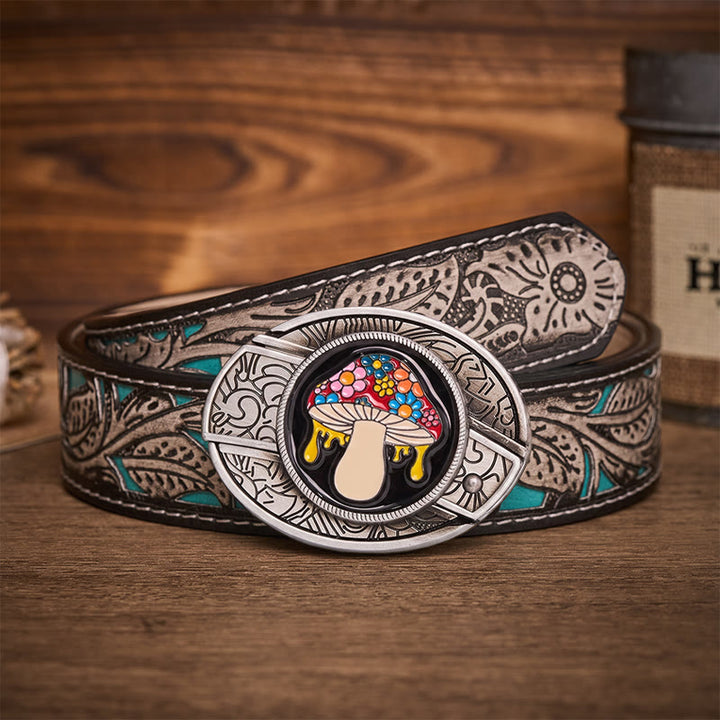 Ceinture en cuir avec boucle de couteau pliante cachée en forme de champignon psychédélique et dégoulinant - Champignon dégoulinant - Ceinture à fleurs grises - 42 - image 8