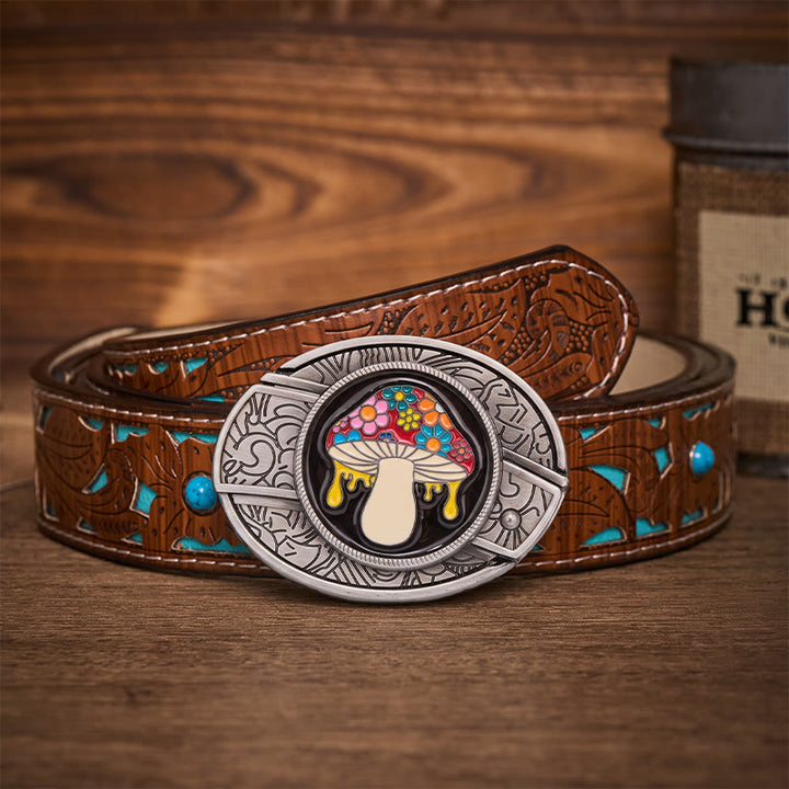 Ceinture en cuir avec boucle de couteau pliante cachée en forme de champignon psychédélique et dégoulinant - Champignon dégoulinant - Ceinture turquoise sculptée - 42 - image 3