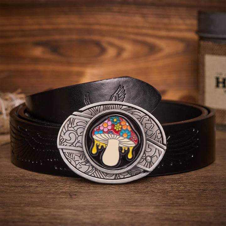 Ceinture en cuir avec boucle de couteau pliante cachée en forme de champignon psychédélique et dégoulinant - Champignon dégoulinant - Ceinture noire à motif aigle en relief - 42 - image 2
