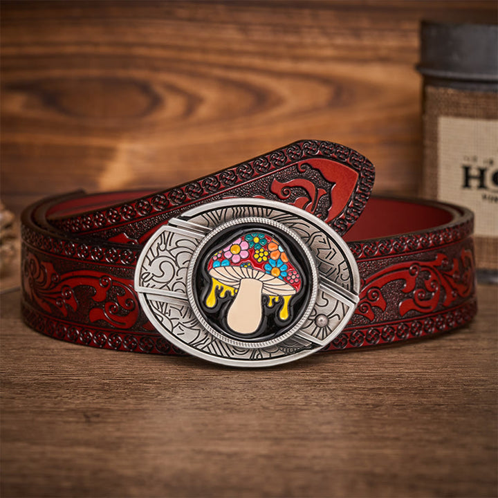 Ceinture en cuir avec boucle de couteau pliante cachée en forme de champignon psychédélique et dégoulinant - Champignon dégoulinant - Ceinture sculptée marron - 42 - image 6