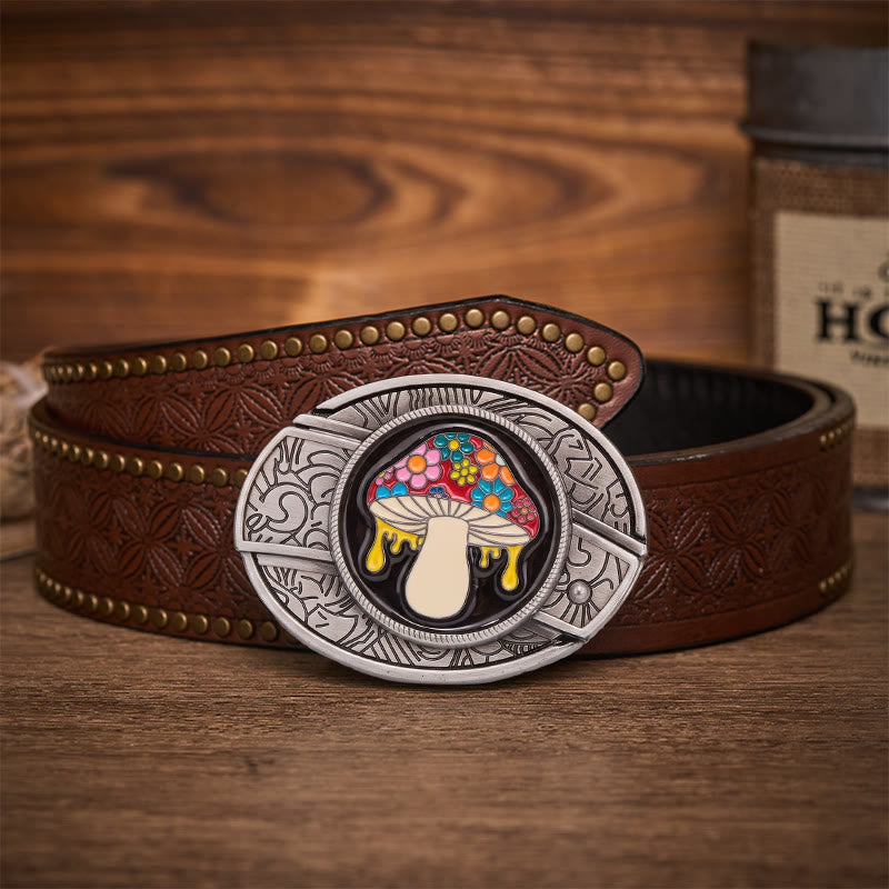 Ceinture en cuir avec boucle de couteau pliante cachée en forme de champignon psychédélique et dégoulinant - Champignon dégoulinant - Ceinture à rivets marron - 42 - image 4