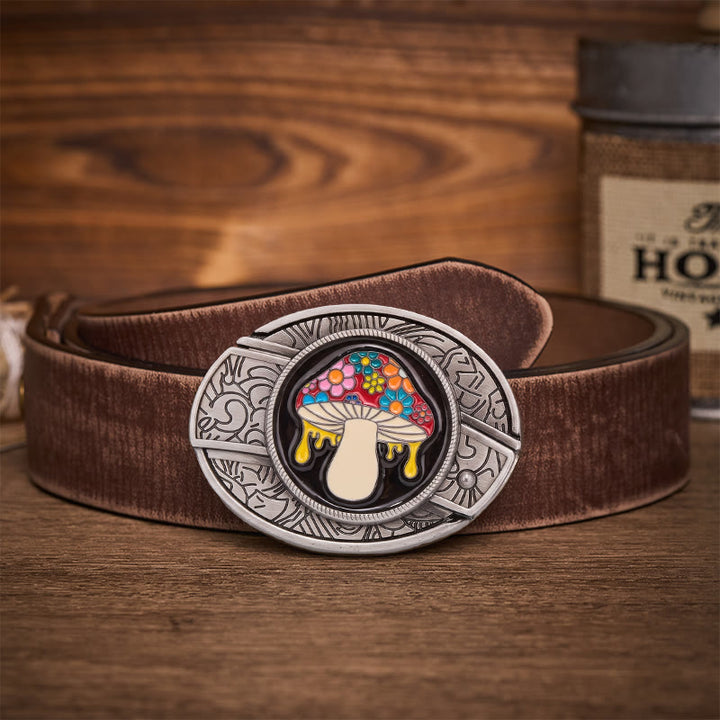 Ceinture en cuir avec boucle de couteau pliante cachée en forme de champignon psychédélique et dégoulinant - Champignon dégoulinant - Ceinture marron vieillie - 42 - image 5
