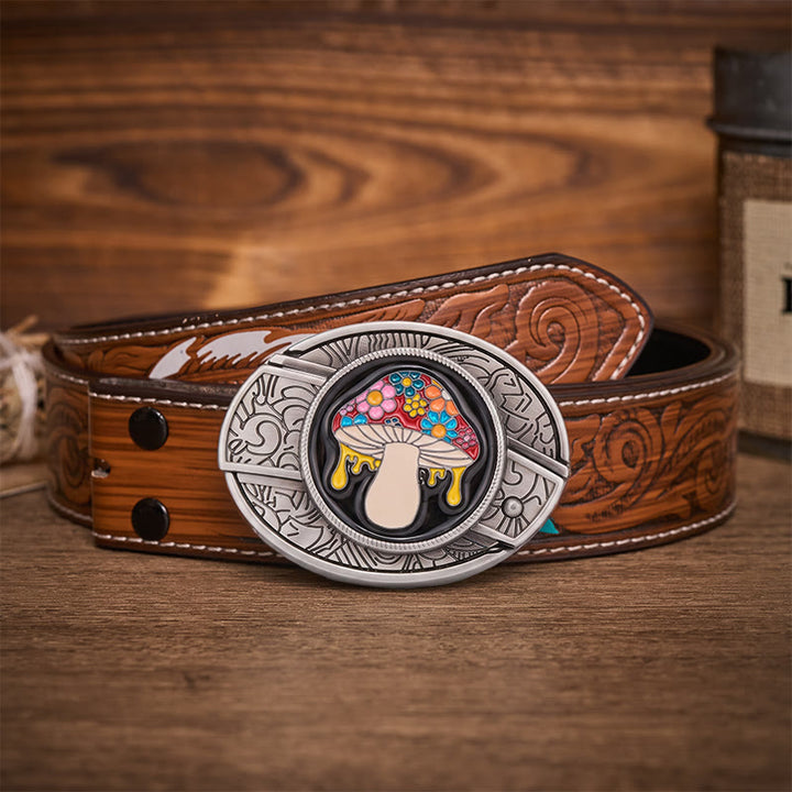Ceinture en cuir avec boucle de couteau pliante cachée en forme de champignon psychédélique et dégoulinant - Champignon dégoulinant - Ceinture de plumes brunes - 40 - image 7