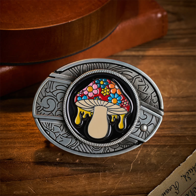 Ceinture en cuir avec boucle de couteau pliante cachée en forme de champignon psychédélique et dégoulinant - Champignon dégoulinant - Sans ceinture - Ceinture non incluse - image 0