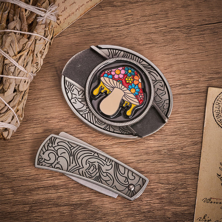 Ceinture en cuir avec boucle de couteau pliante cachée en forme de champignon psychédélique et dégoulinant - image 9