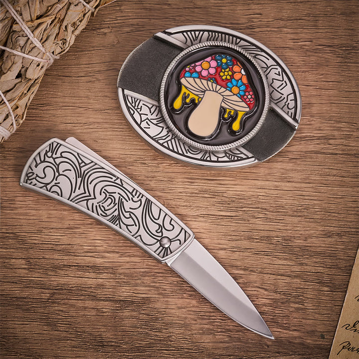 Ceinture en cuir avec boucle de couteau pliante cachée en forme de champignon psychédélique et dégoulinant - image 1