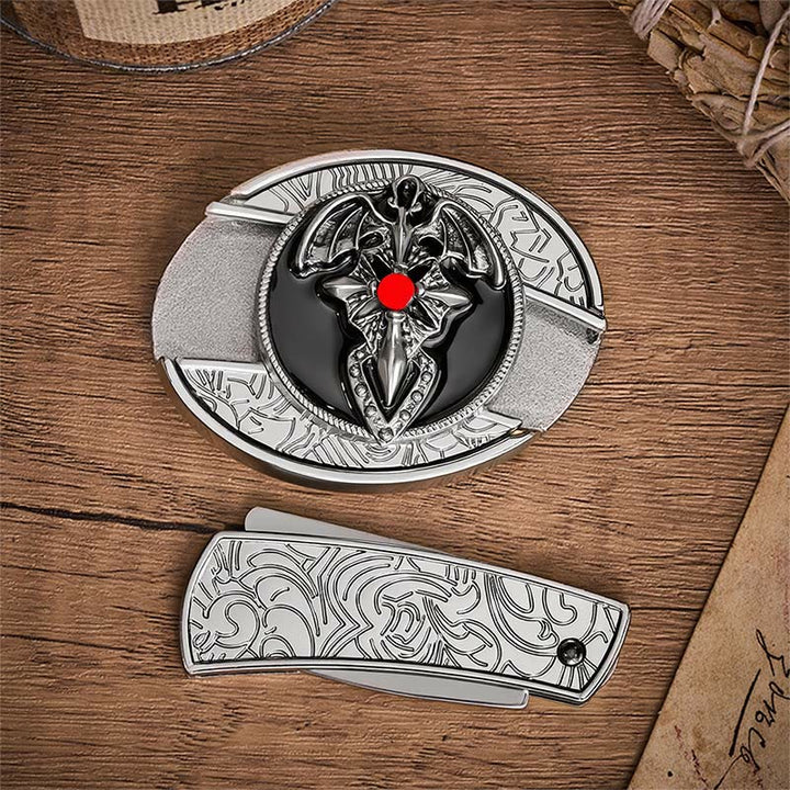 Ceinture en cuir avec boucle de couteau pliant dissimulant un dragon gothique et une chauve-souris - image 10