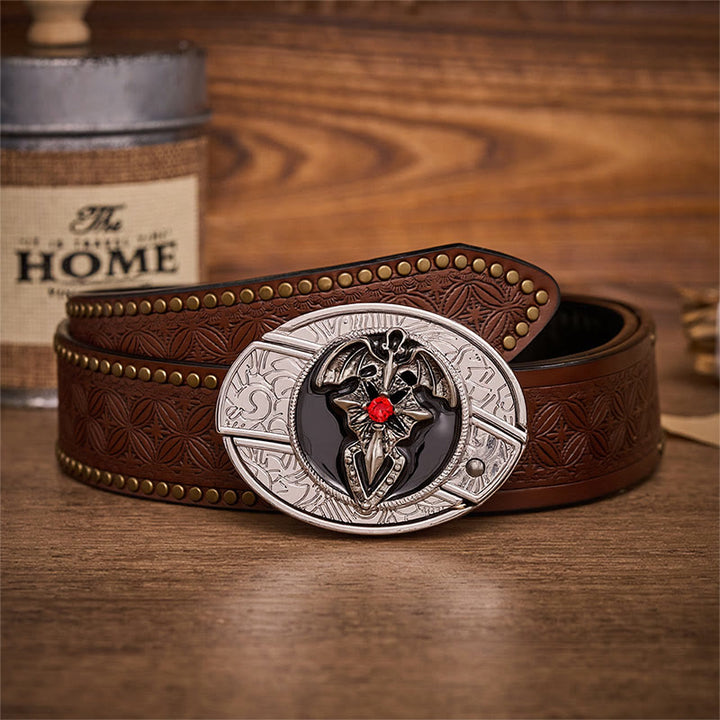 Ceinture en cuir avec boucle de couteau pliant dissimulant un dragon gothique et une chauve-souris - Chauve-souris dragon - Ceinture à rivets marron - 42 - image 4
