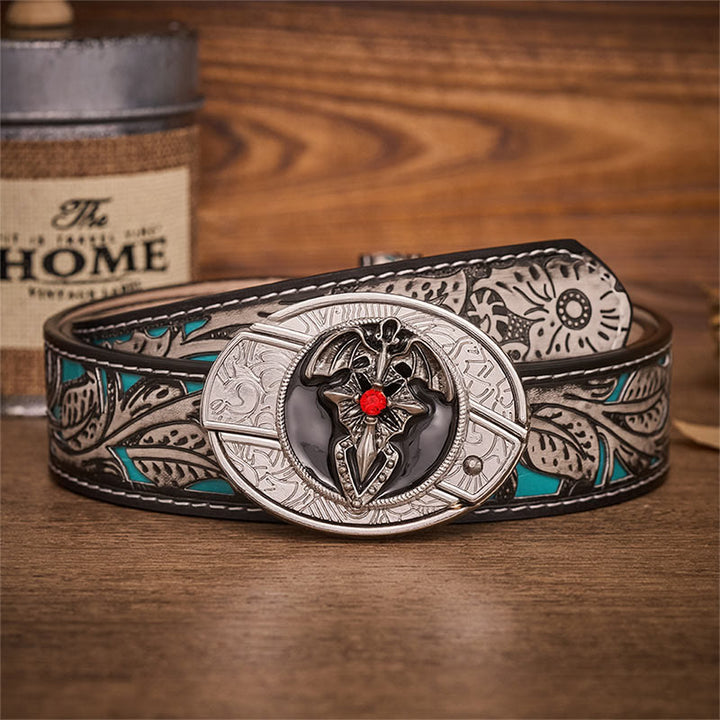 Ceinture en cuir avec boucle de couteau pliant dissimulant un dragon gothique et une chauve-souris - Chauve-souris dragon - Ceinture à fleurs grises - 42 - image 8