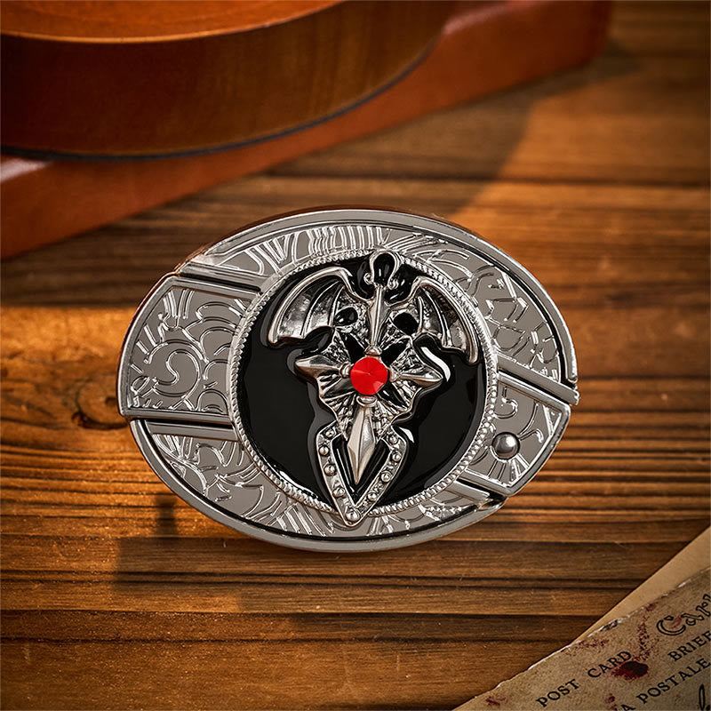 Ceinture en cuir avec boucle de couteau pliant dissimulant un dragon gothique et une chauve-souris - Chauve-souris dragon - Sans ceinture - Ceinture non incluse - image 0